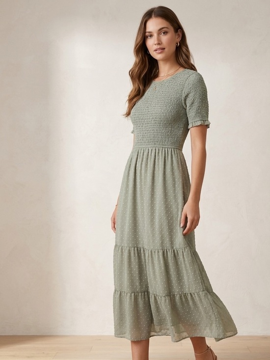 Polagram Dresses & Skirts - Polagram Sage Green Smocked Dot Tiered Dress